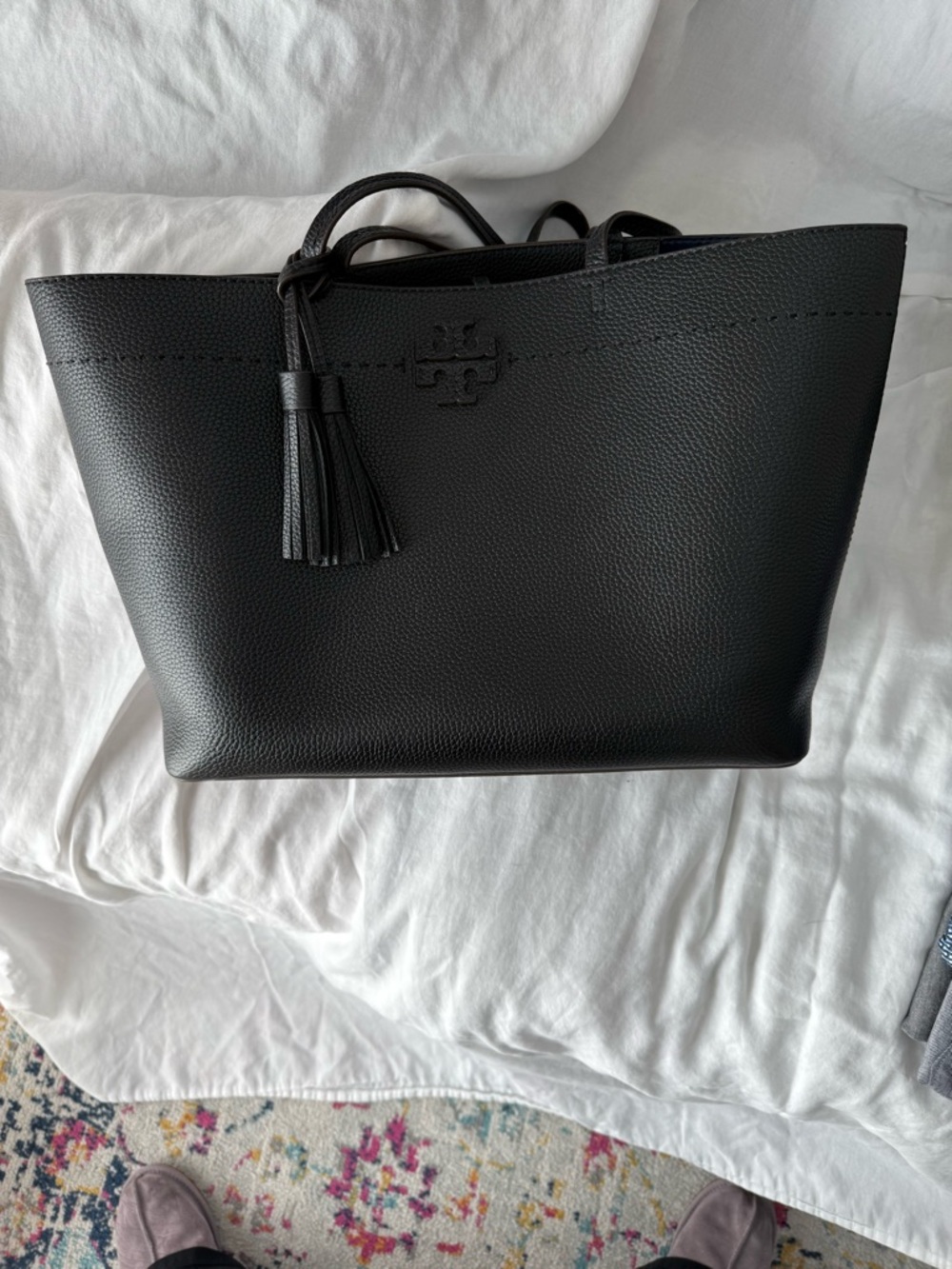 Tory Burch Black Pebbled Leather Tote Large Tassel Logo Shopper Work Bag